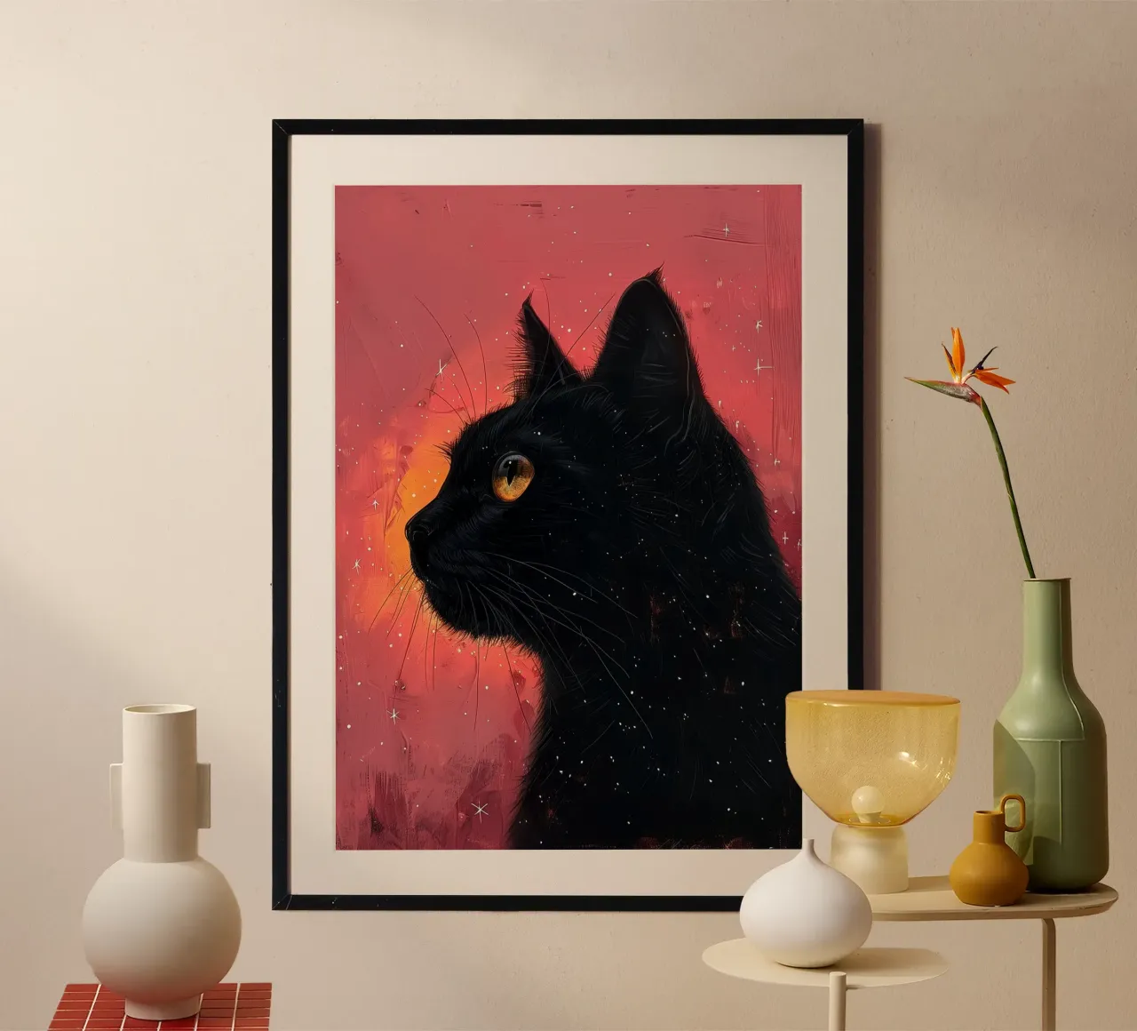Gatto nero e cosmo rosa poster con telaio in alluminio da Justyna Jaszke JBJart