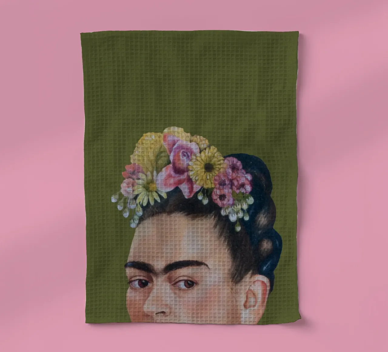 Half Frida groen theedoek van Carinaprint