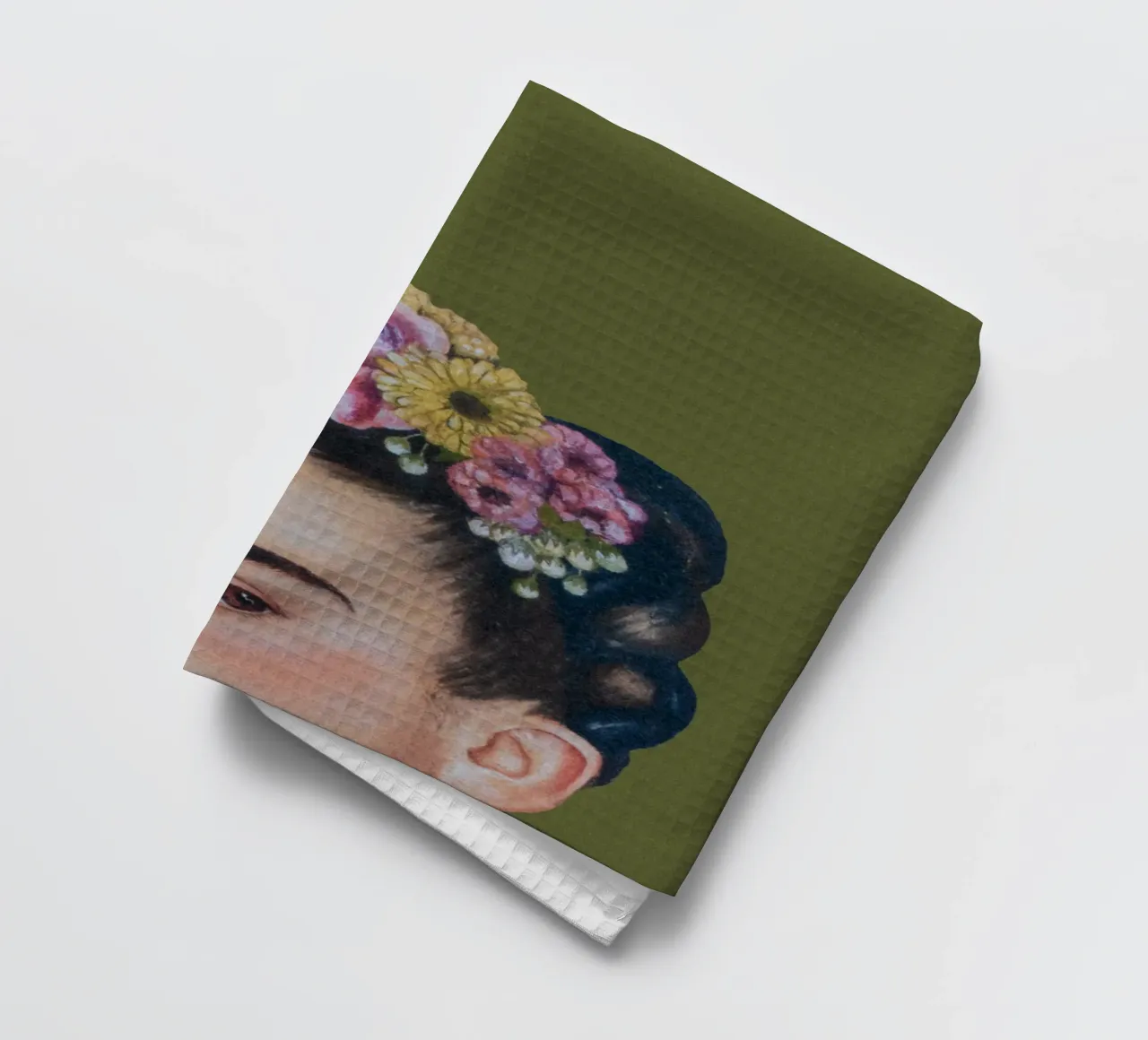 Half Frida groen theedoek van Carinaprint