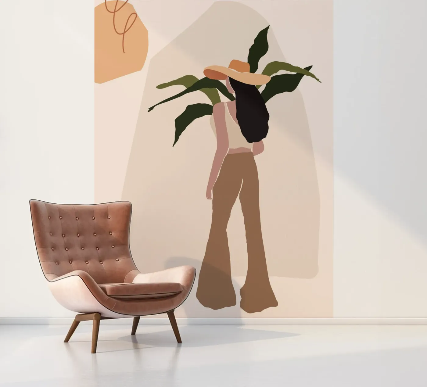 Vrouw met hoed en broek met wijde pijpen fotobehang van 🎁 NOBELART