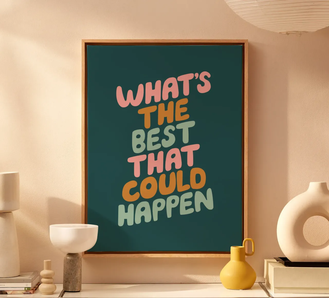 Whats The Best That Could Happen Kleurrijk Typografie Ontwerp canvas met Baklijst van THE MOTIVATED TYPE