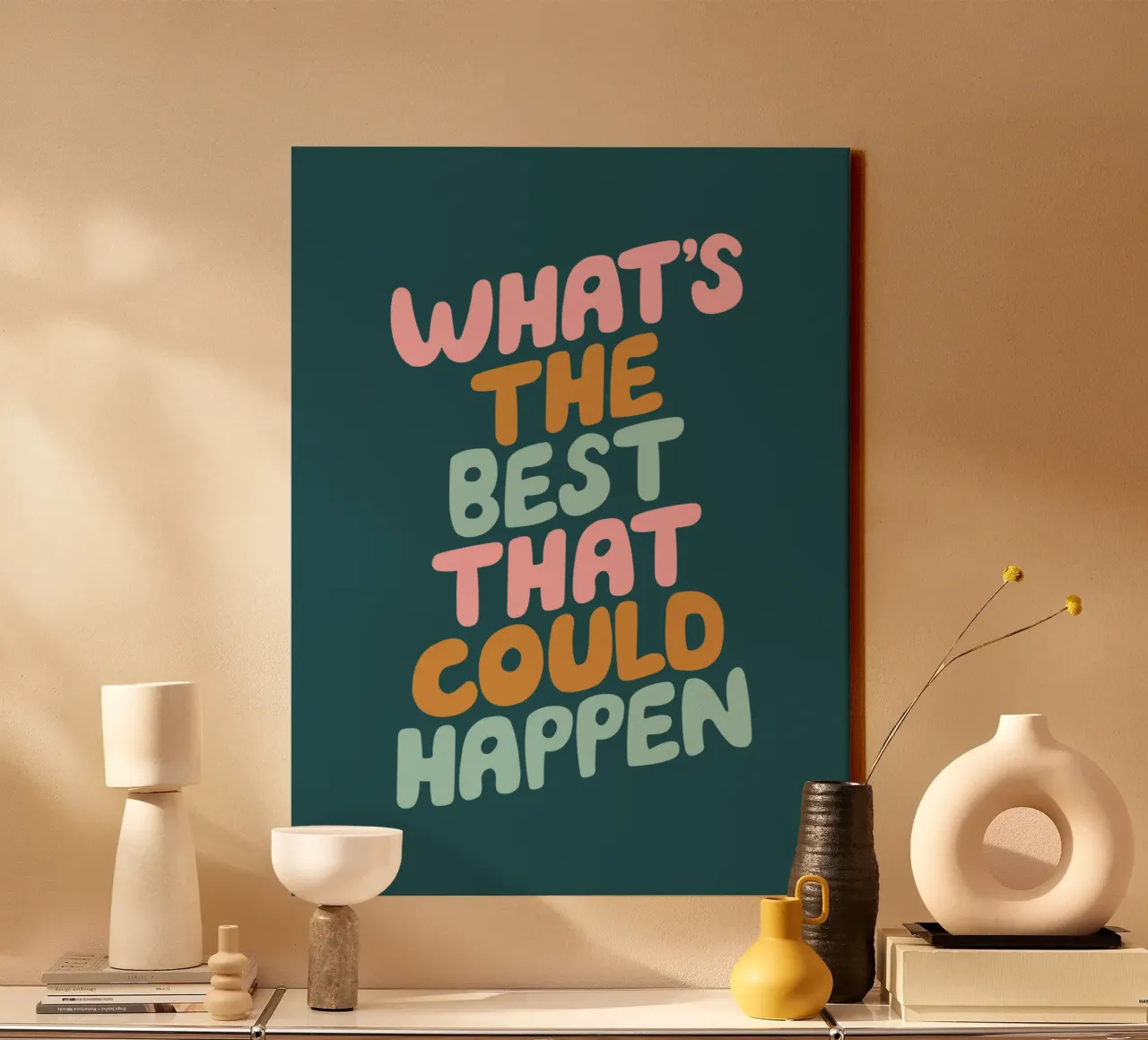 Whats The Best That Could Happen Kleurrijk Typografie Ontwerp canvas met Baklijst van THE MOTIVATED TYPE