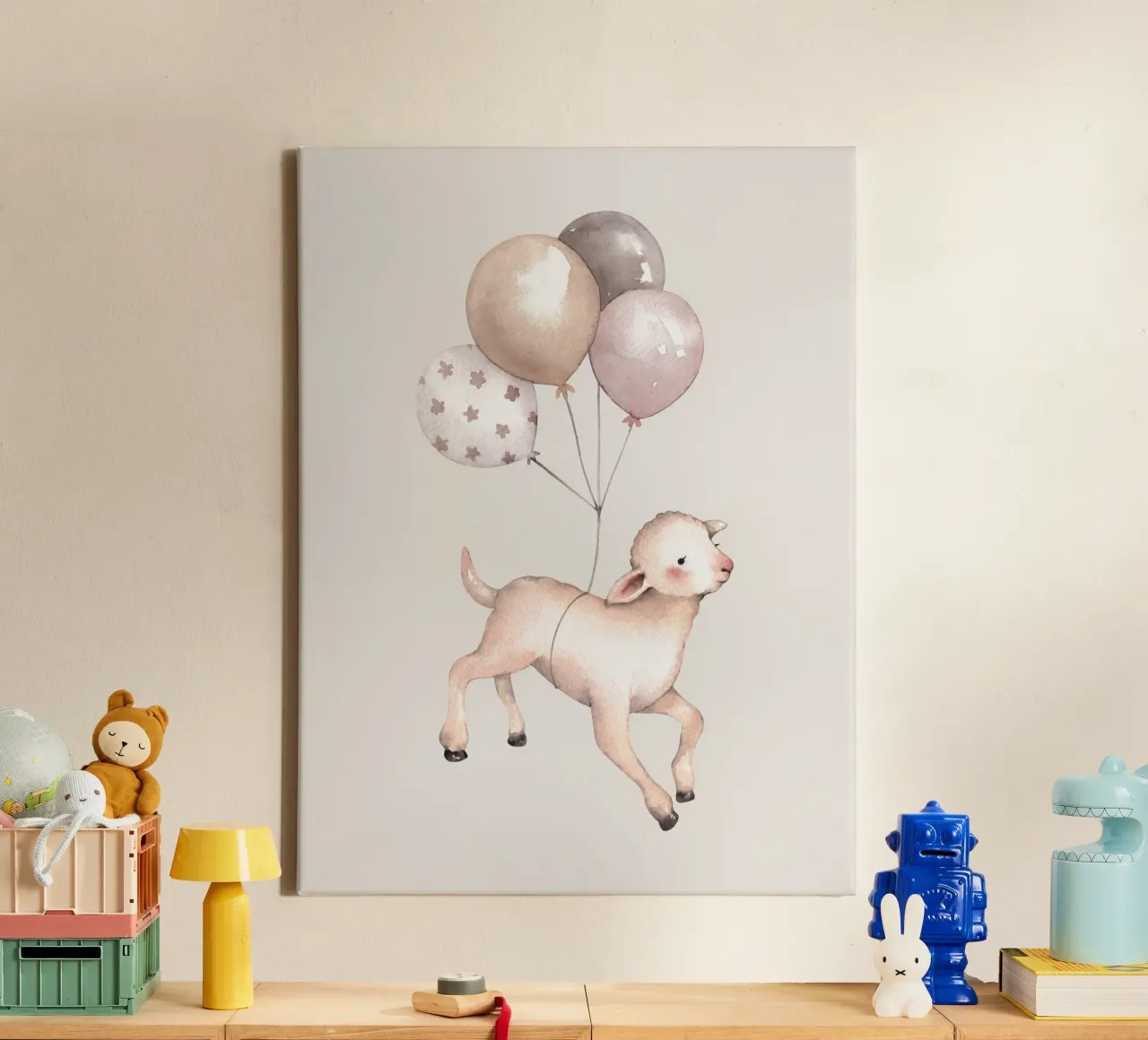 Agnello con palloncini - Design giocoso per bambini tela con Cornice a cassetta da Whole©