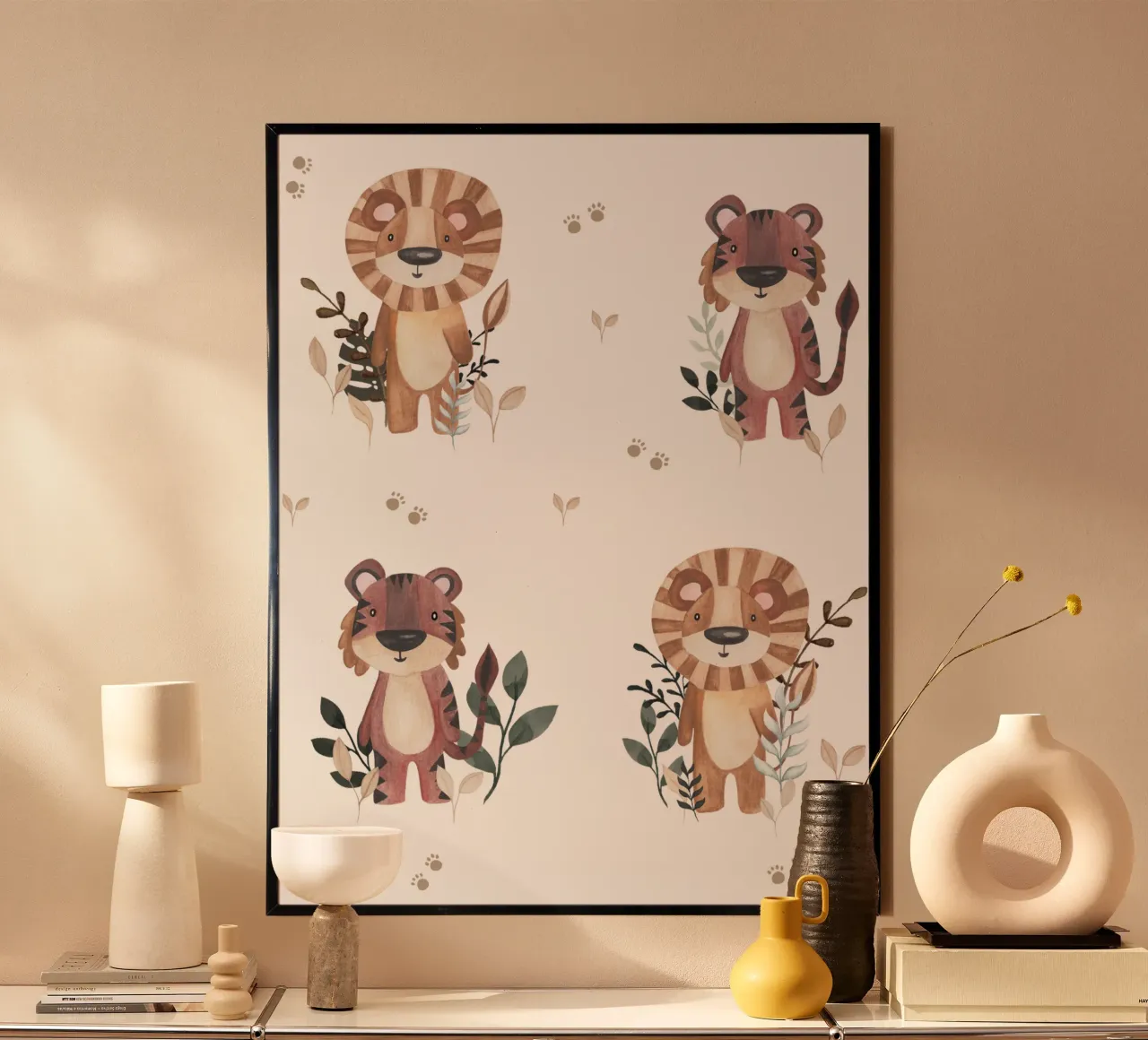 Tigre e Leone poster con telaio in alluminio da Sabrina Ziegenhorn