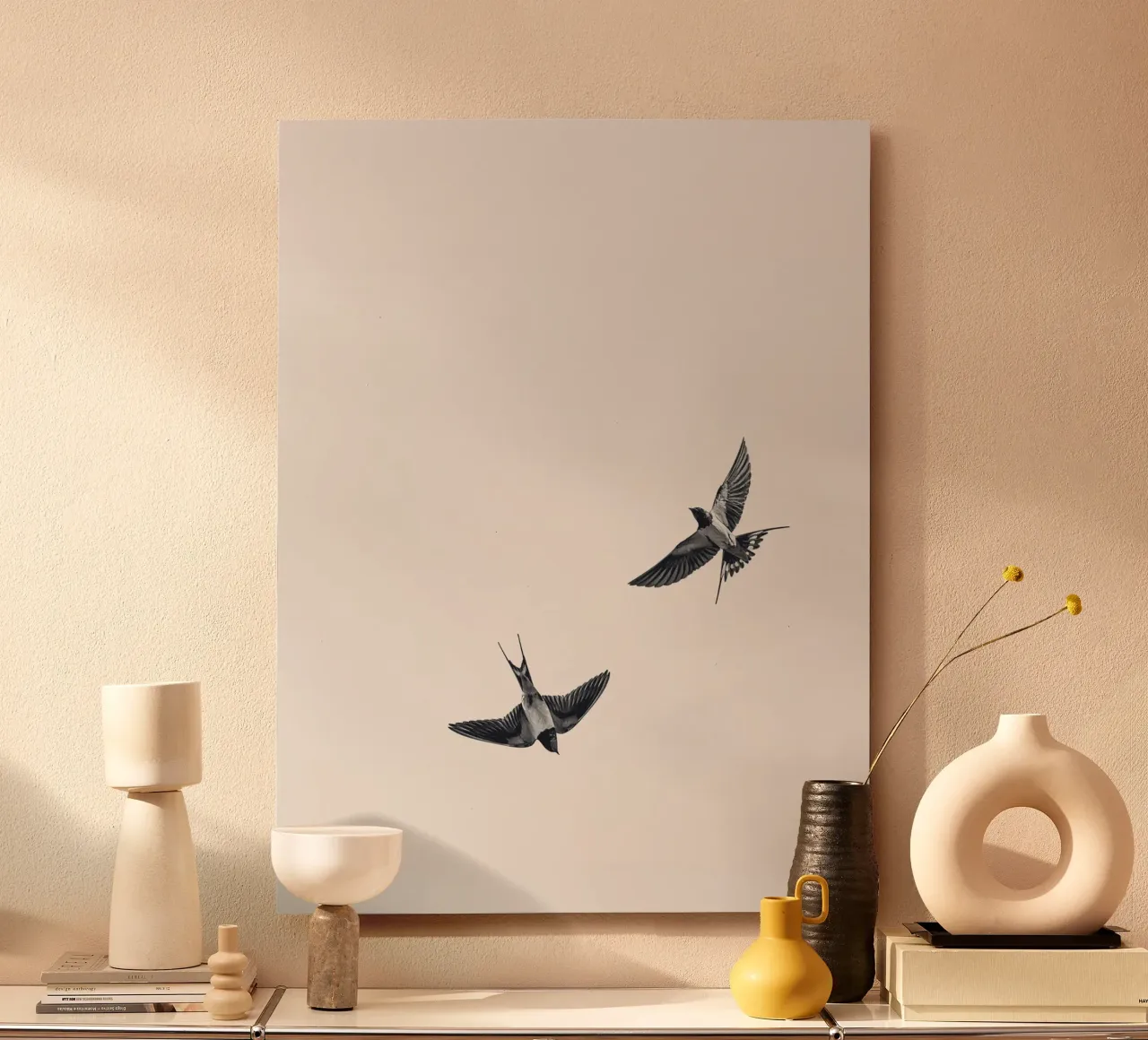 Twee zwaluwen - Minimalistisch natuurlijk ontwerp aluminium-dibond van Whole©