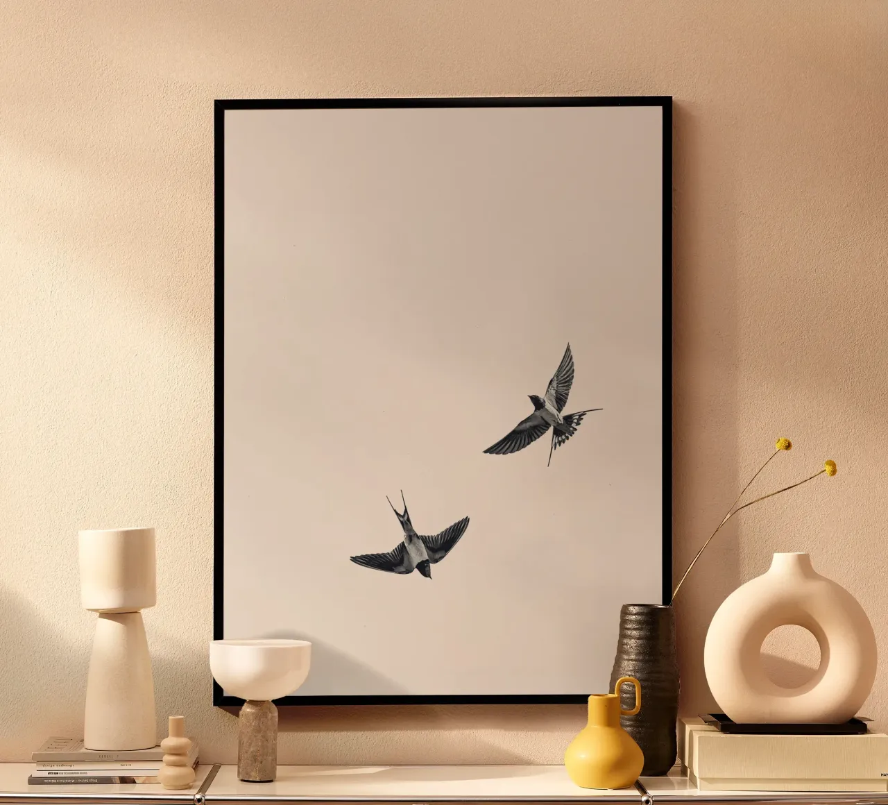 Twee zwaluwen - Minimalistisch natuurlijk ontwerp hahnemühle van Whole©