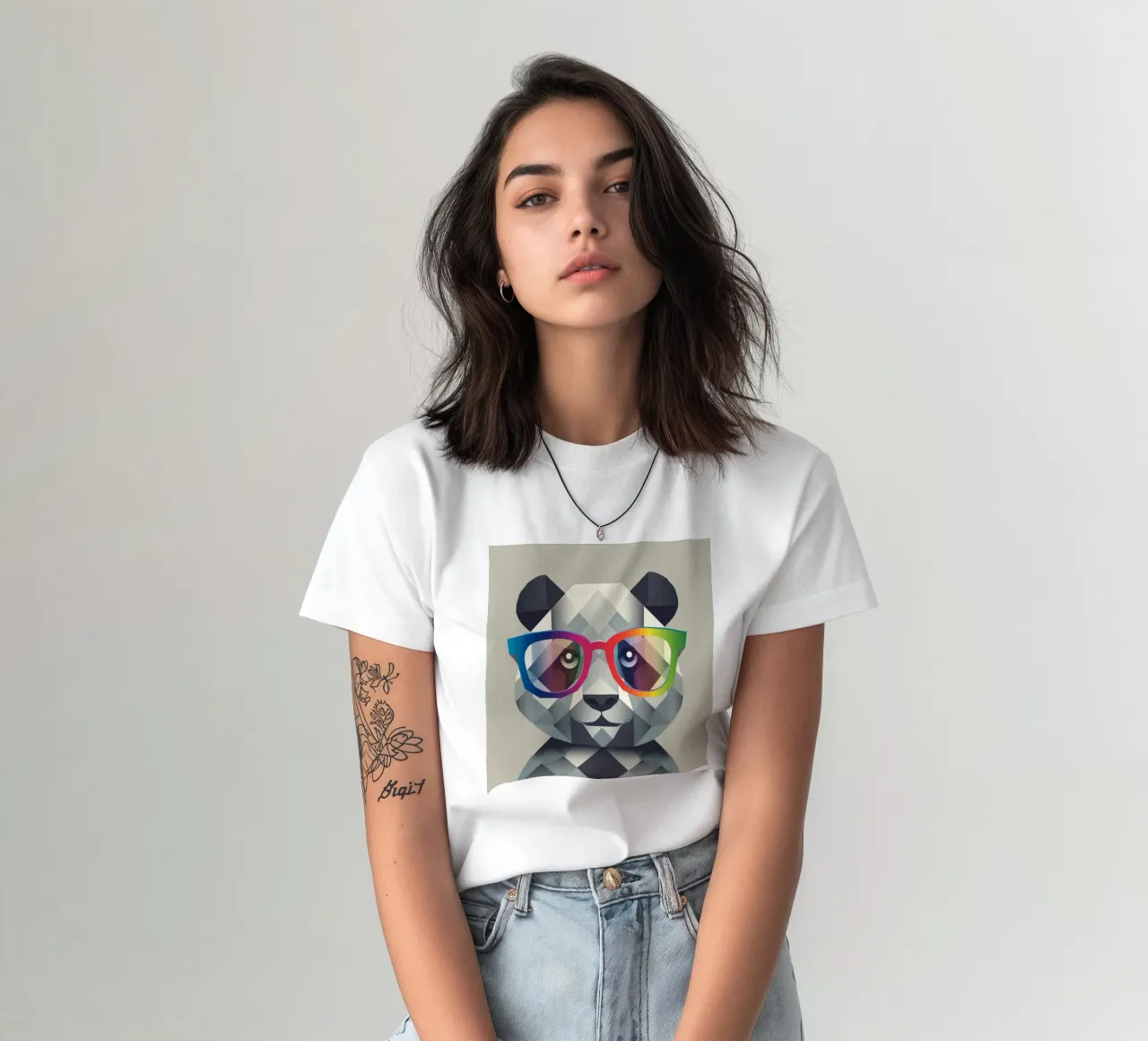 Cool panda: geometric style meets colourful glasses t-shirt by namosh