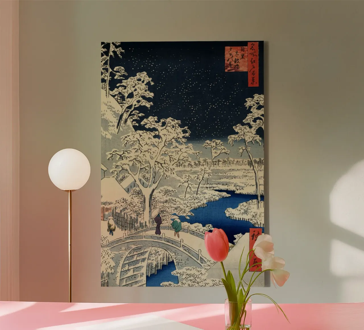 Utagawa Hiroshige Il ponte dei tamburi e la collina del tramonto a Meguro tela con Cornice a cassetta da William Store