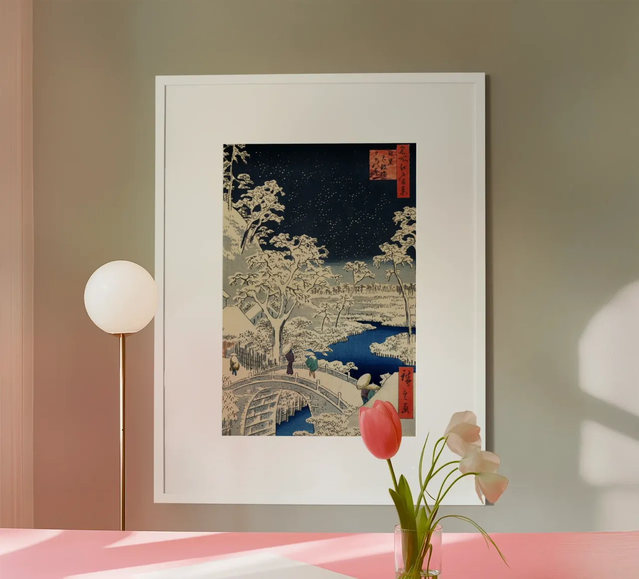 Utagawa Hiroshige Il ponte dei tamburi e la collina del tramonto a Meguro poster da William Store
