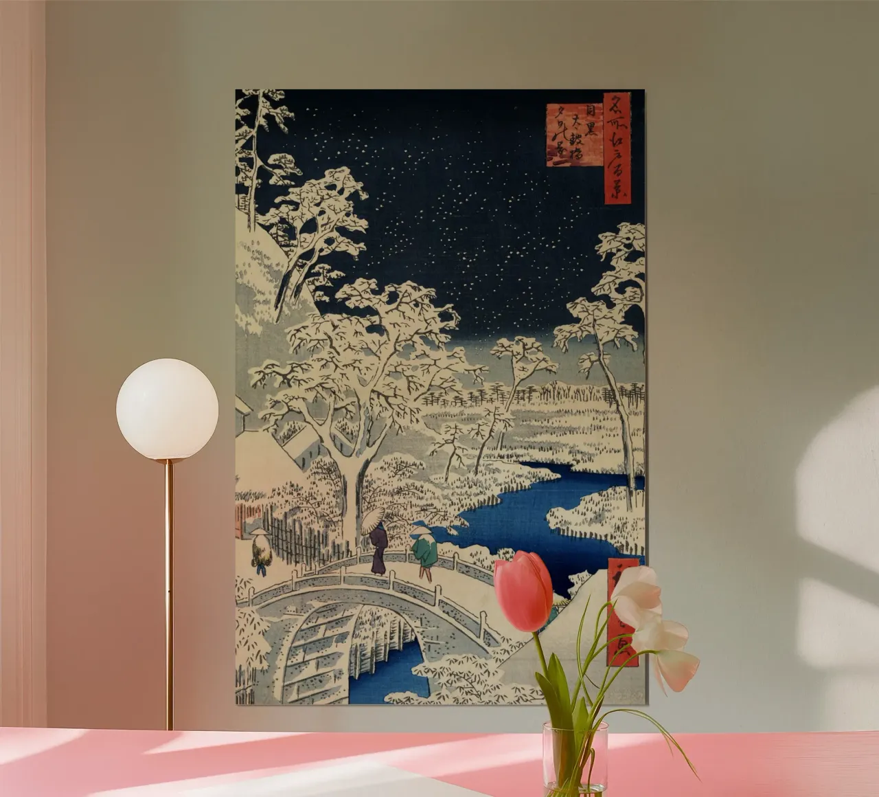 Utagawa Hiroshige Il ponte dei tamburi e la collina del tramonto a Meguro poster da William Store