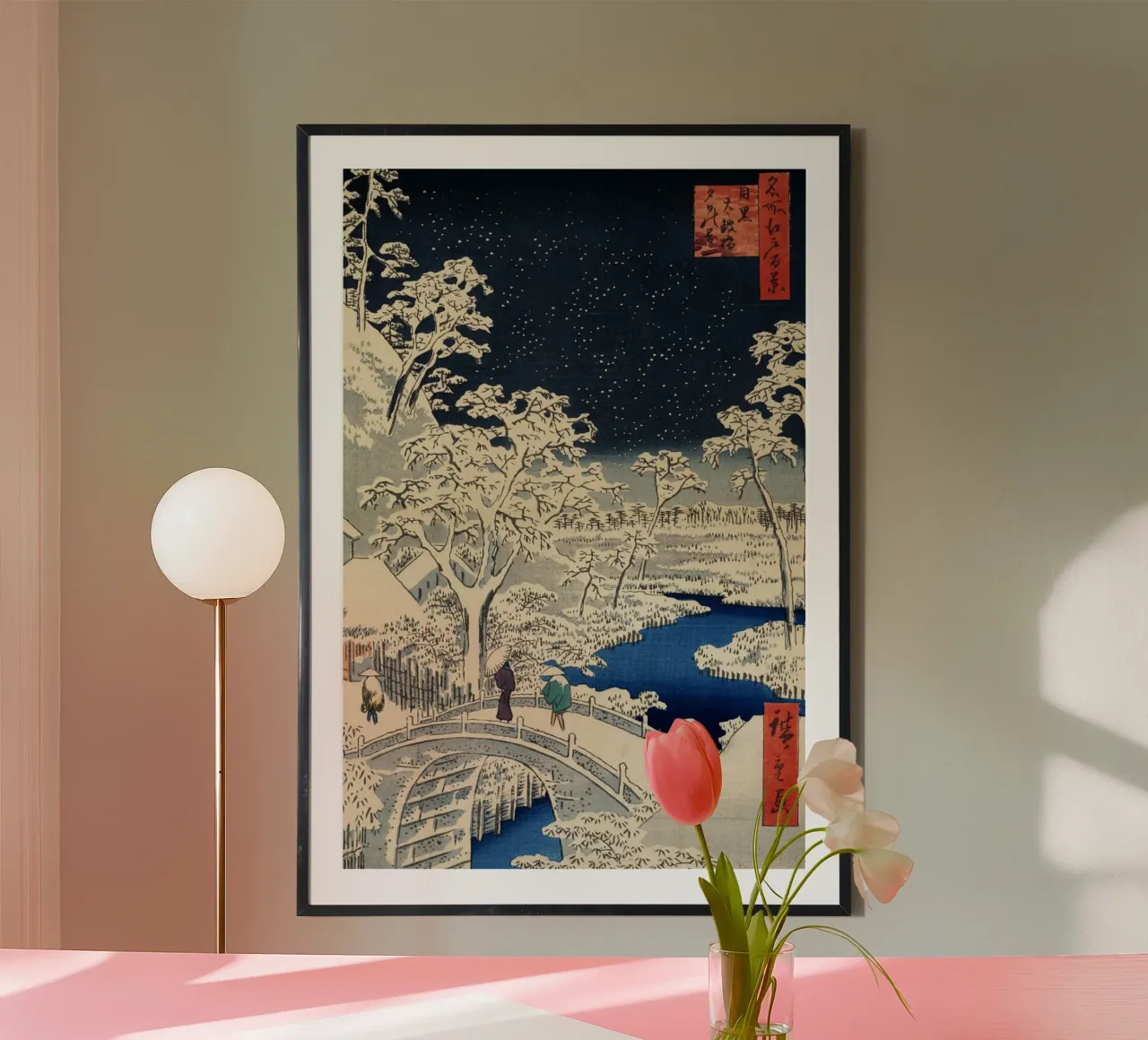 Utagawa Hiroshige Il ponte dei tamburi e la collina del tramonto a Meguro poster da William Store
