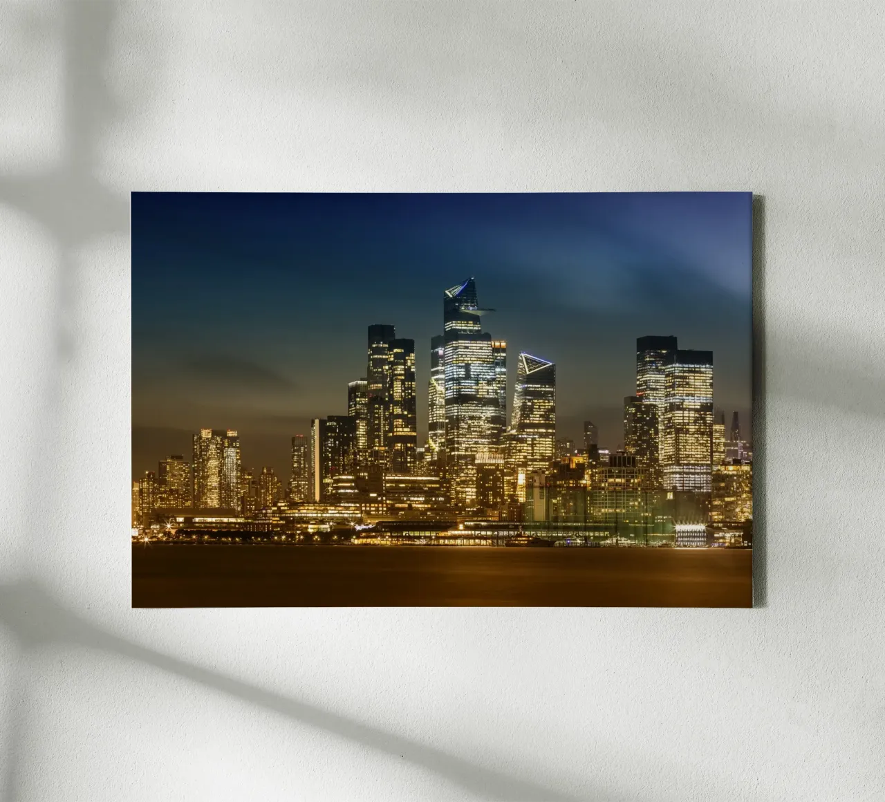 Striking NYC skyline with Hudson Yards in the evening canvas with Floater frame by Melanie Viola