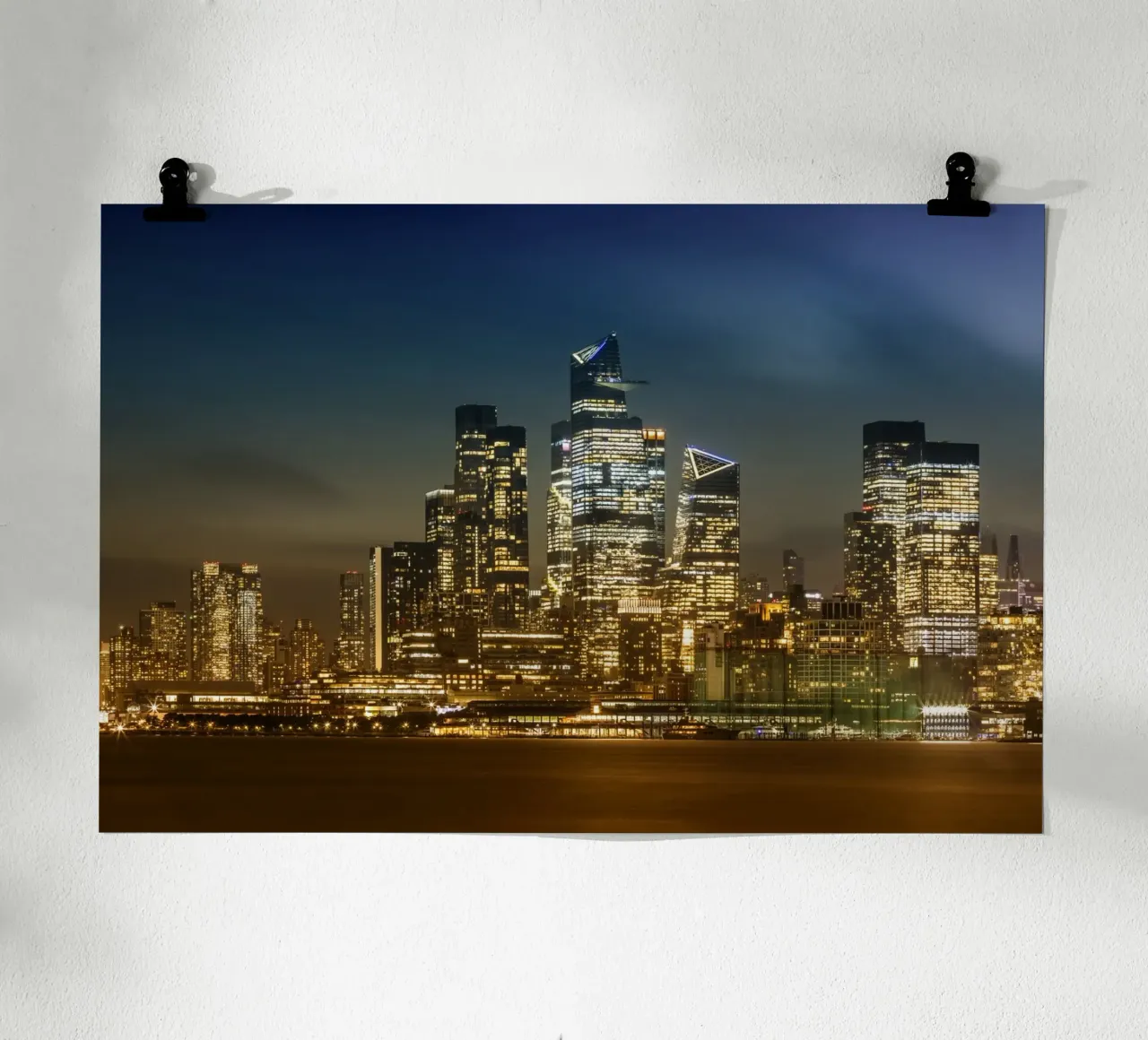 Striking NYC skyline with Hudson Yards in the evening poster by Melanie Viola