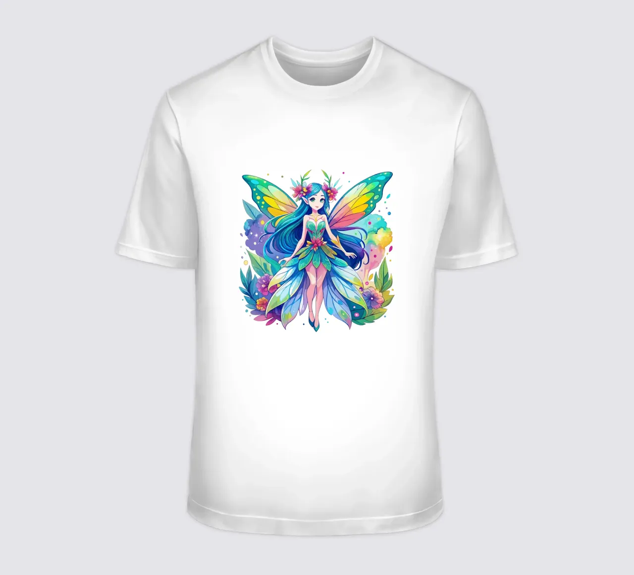 Fata acquerellata con ali arcobaleno e accenti floreali t-shirt da Artnesia