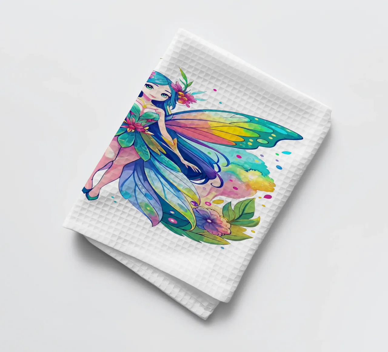 Fata acquerellata con ali arcobaleno e accenti floreali canovaccio da cucina da Artnesia