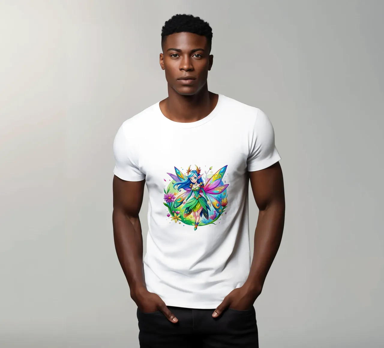 Fata ad acquerello con ali arcobaleno e fiori t-shirt da Artnesia