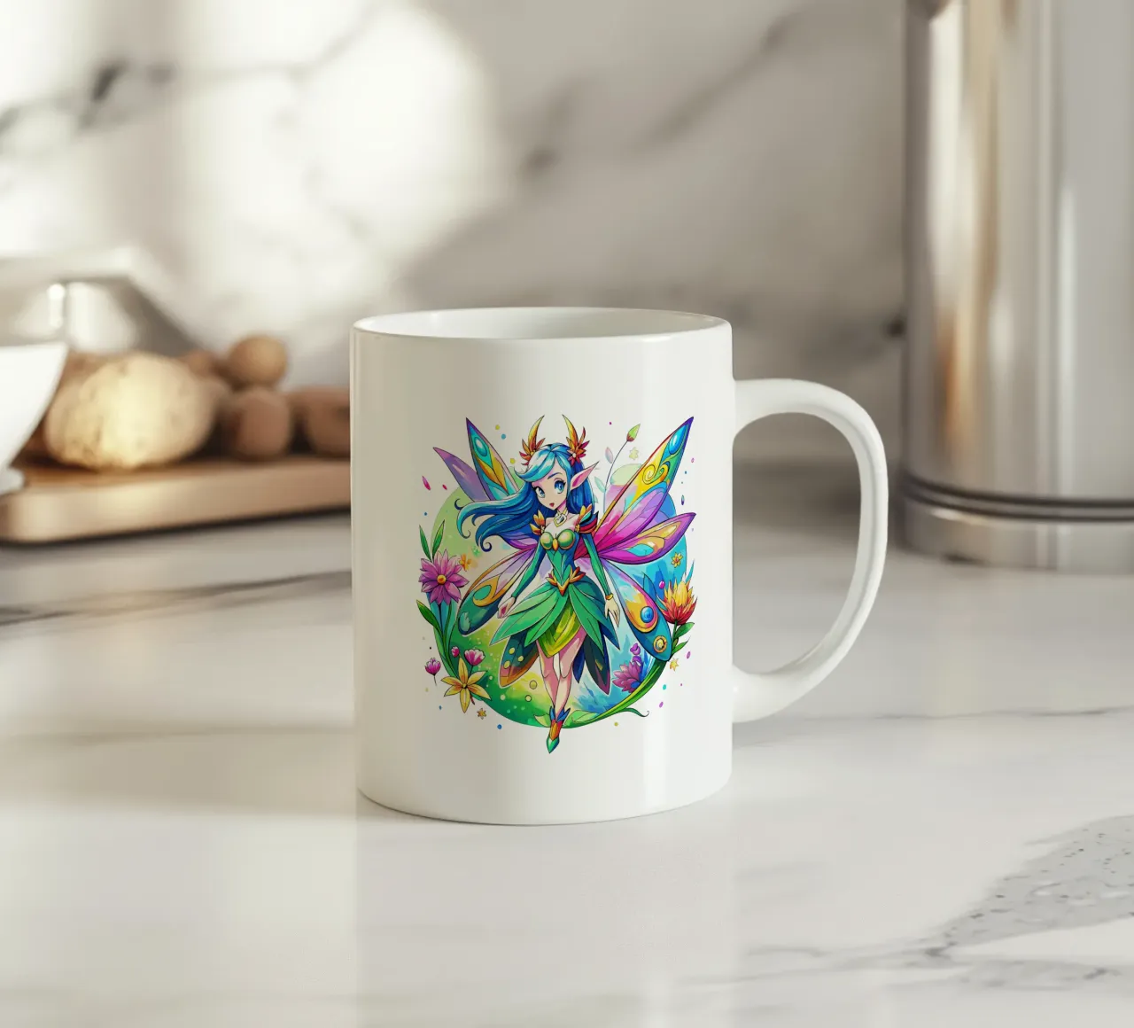 Fata ad acquerello con ali arcobaleno e fiori tazza in ceramica da Artnesia