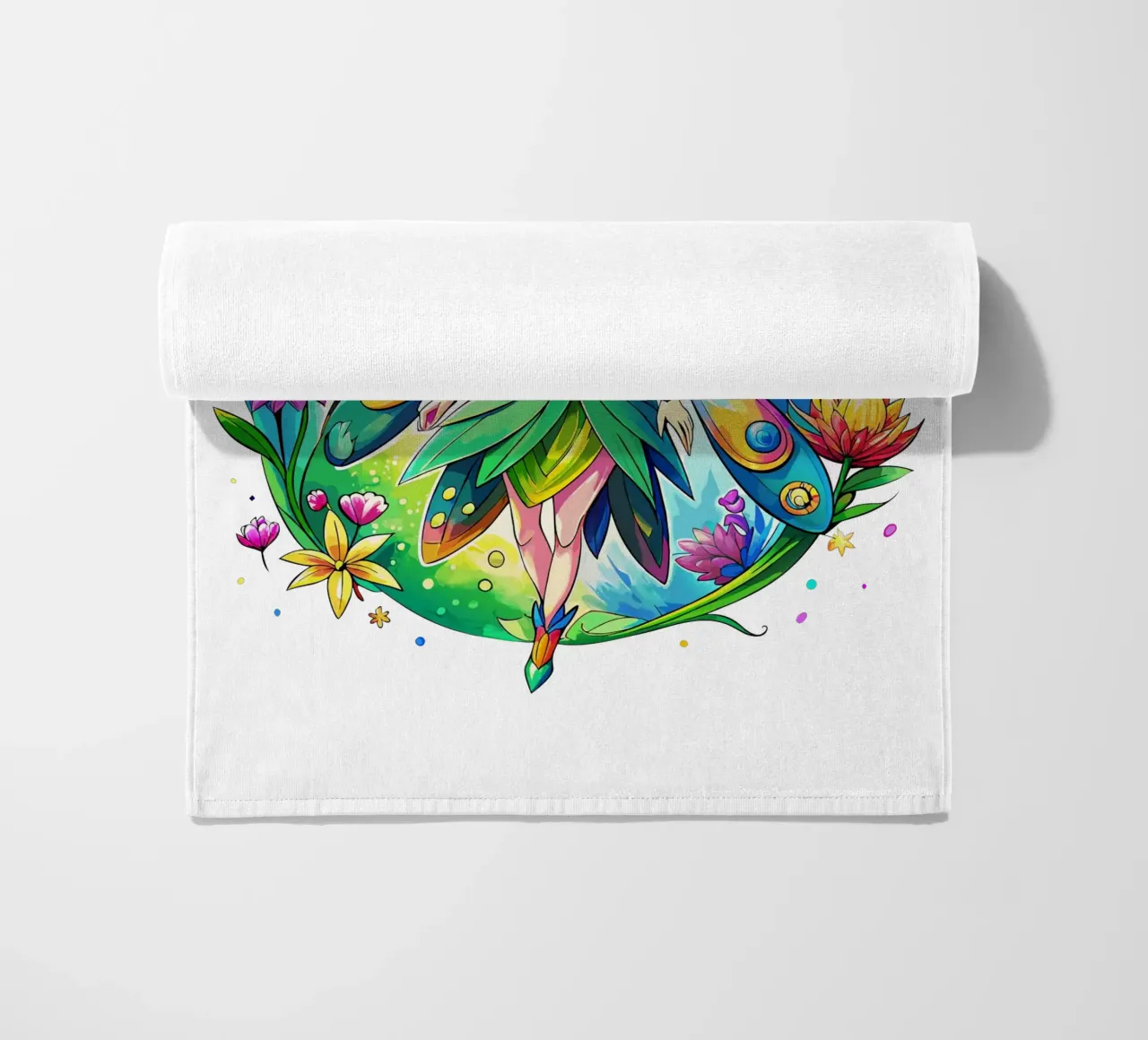Fata ad acquerello con ali arcobaleno e fiori telo mare da Artnesia