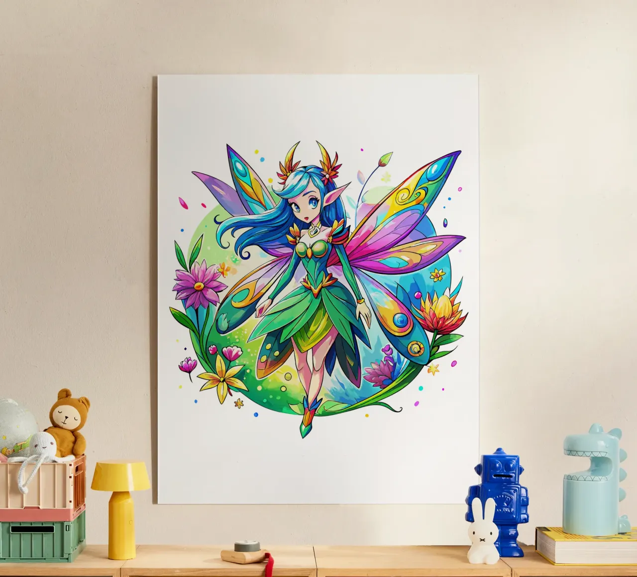 Fata ad acquerello con ali arcobaleno e fiori plexiglass da Artnesia