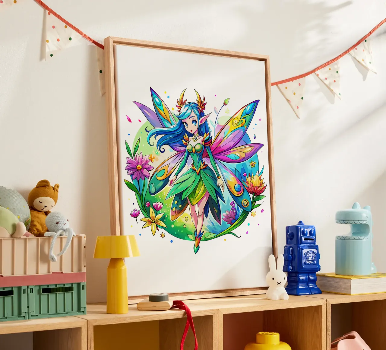Fata ad acquerello con ali arcobaleno e fiori tela da Artnesia