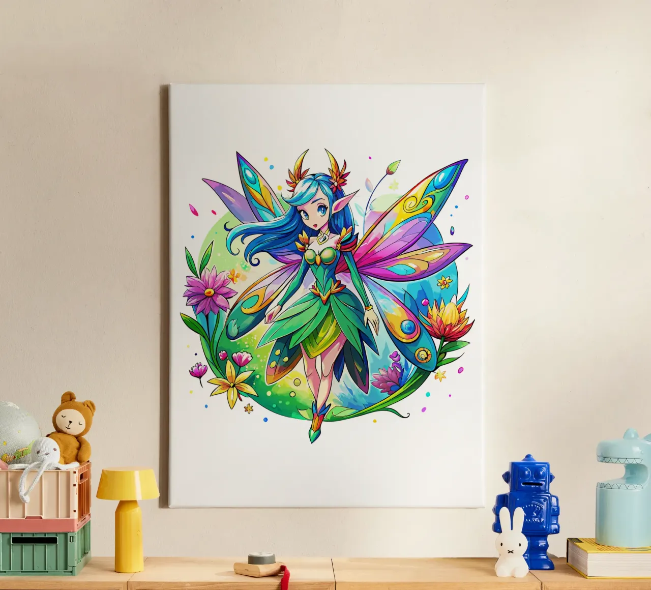 Fata ad acquerello con ali arcobaleno e fiori tela da Artnesia