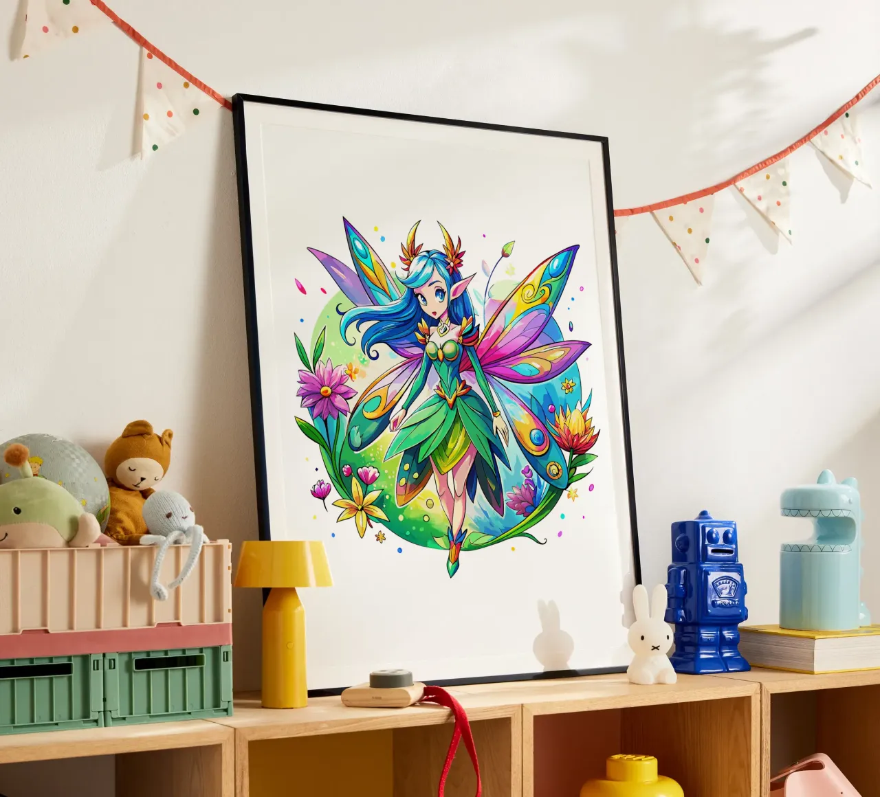 Fata ad acquerello con ali arcobaleno e fiori carta hahnemühle da Artnesia