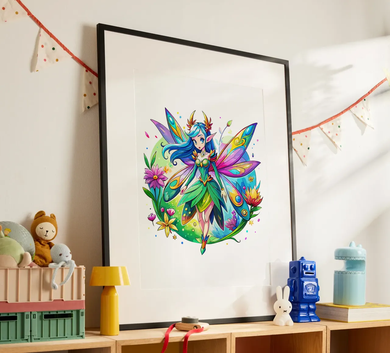 Fata ad acquerello con ali arcobaleno e fiori carta hahnemühle da Artnesia