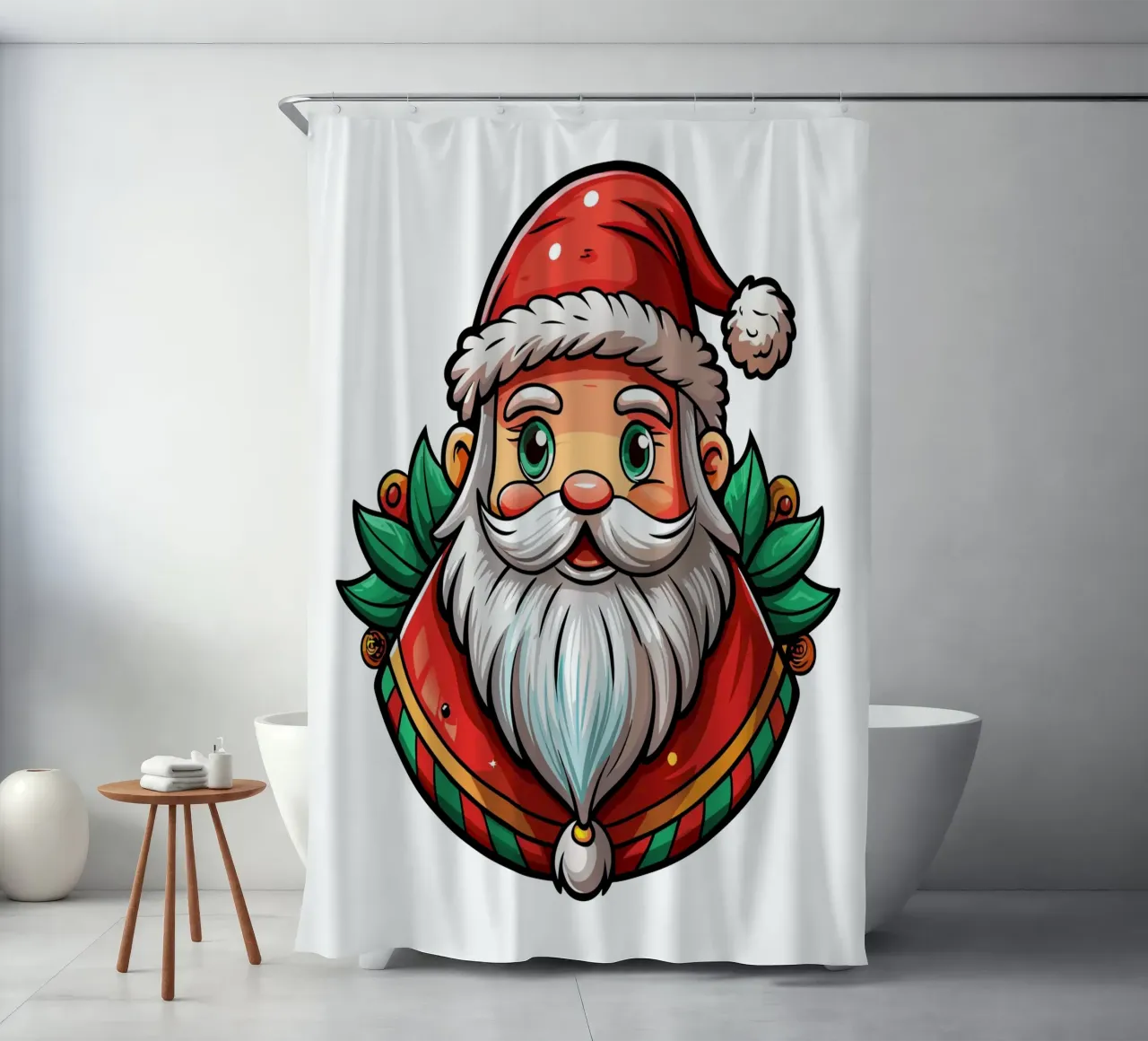 Babbo Natale allegro con accenti di agrifoglio - Auto di Natale tenda da doccia da Artnesia