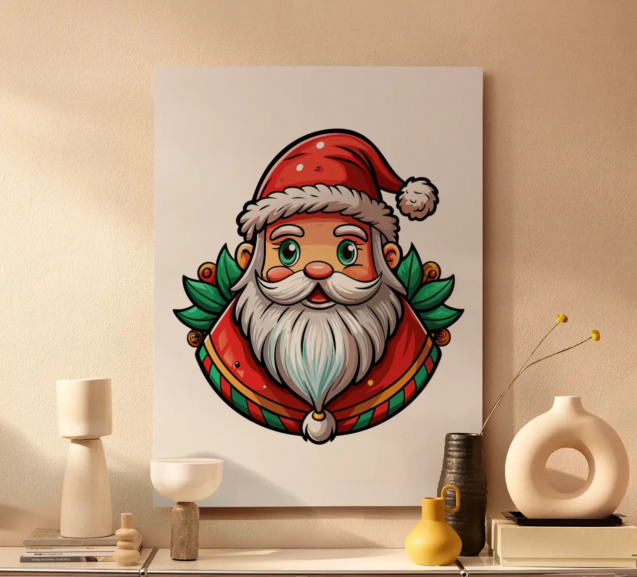 Babbo Natale allegro con accenti di agrifoglio - Auto di Natale alluminio dibond da Artnesia