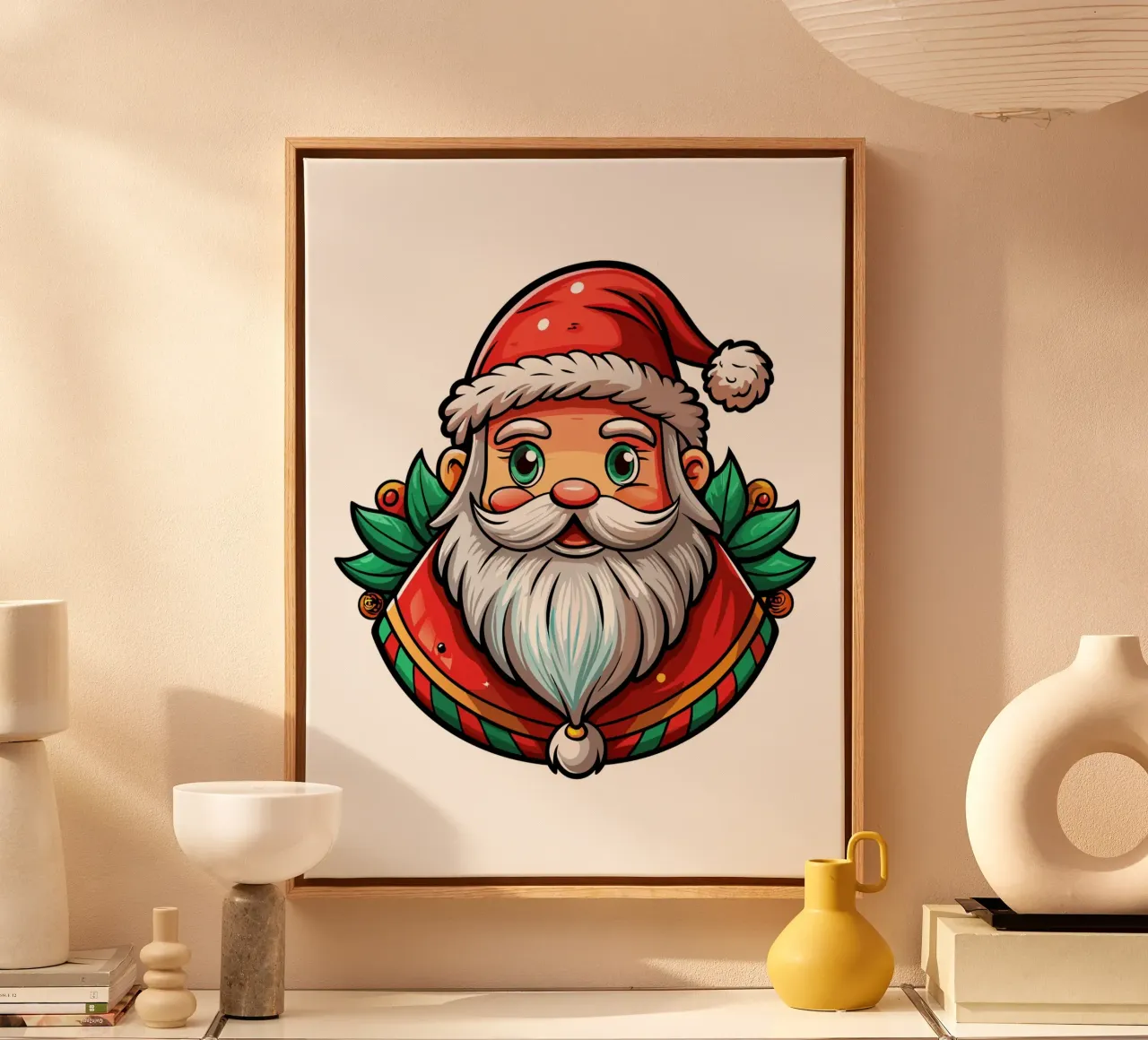 Babbo Natale allegro con accenti di agrifoglio - Auto di Natale tela da Artnesia
