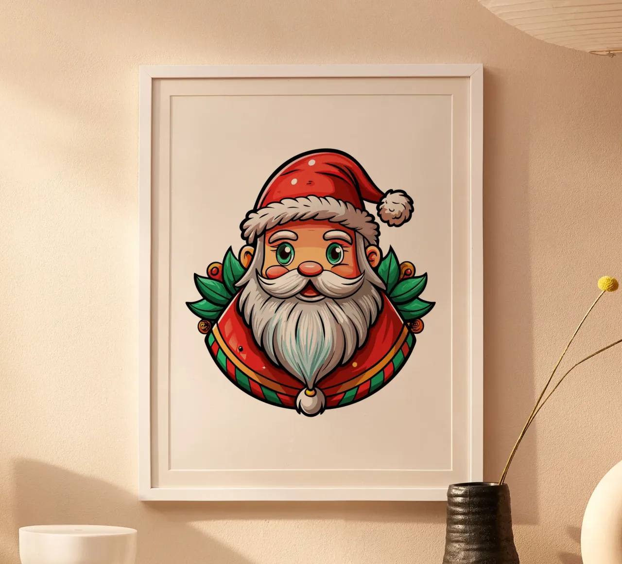 Babbo Natale allegro con accenti di agrifoglio - Auto di Natale carta hahnemühle da Artnesia