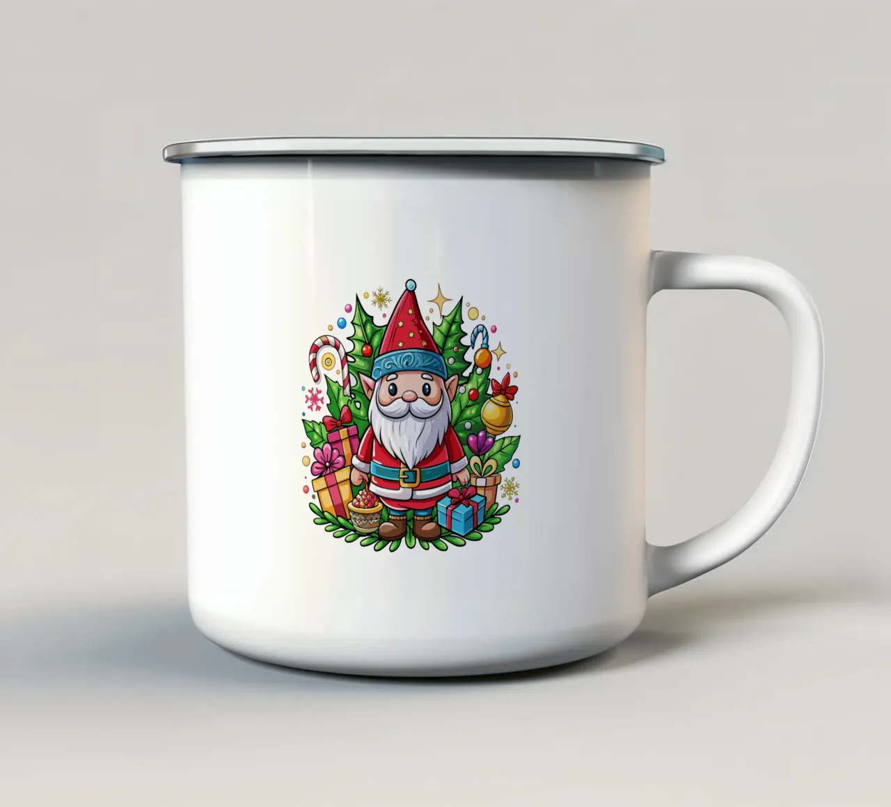 Gnomo Babbo Natale con regali e decorazioni per le feste tazza in smalto da Artnesia