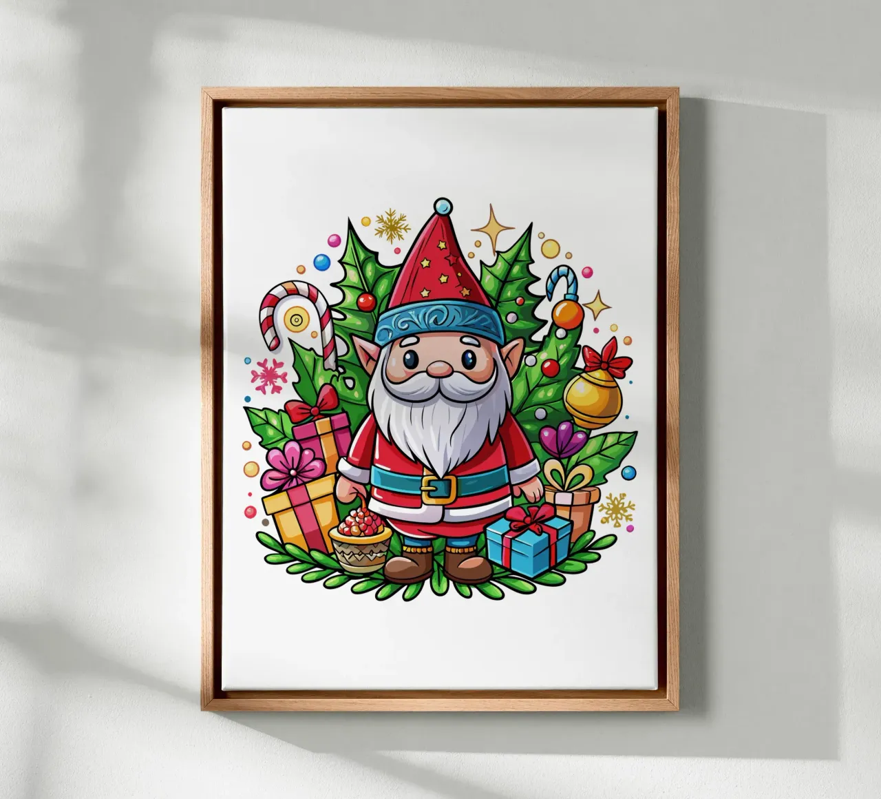 Feestelijke kerstkabouter met cadeautjes en kerstversiering canvas met Baklijst van Artnesia