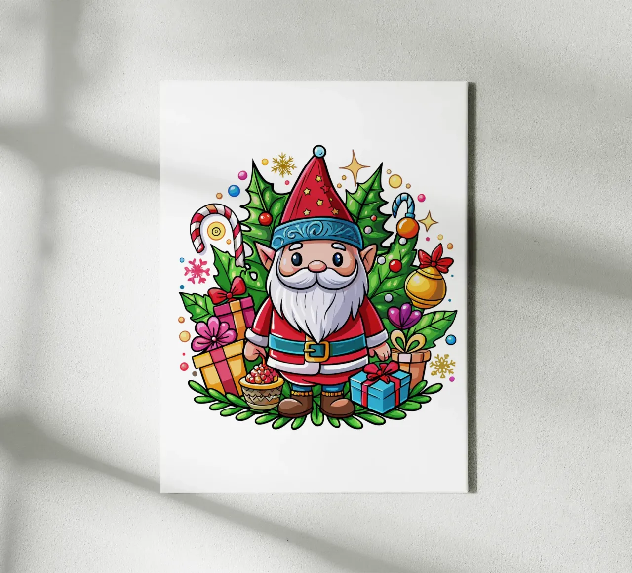 Feestelijke kerstkabouter met cadeautjes en kerstversiering canvas met Baklijst van Artnesia