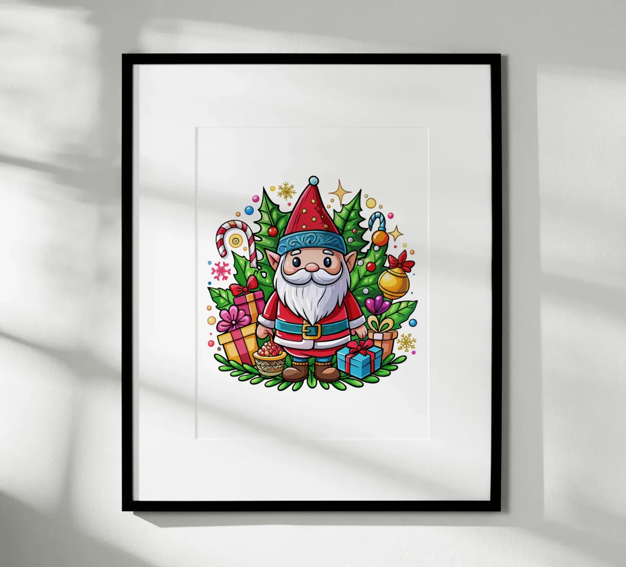 Feestelijke kerstkabouter met cadeautjes en kerstversiering poster met houten frame van Artnesia