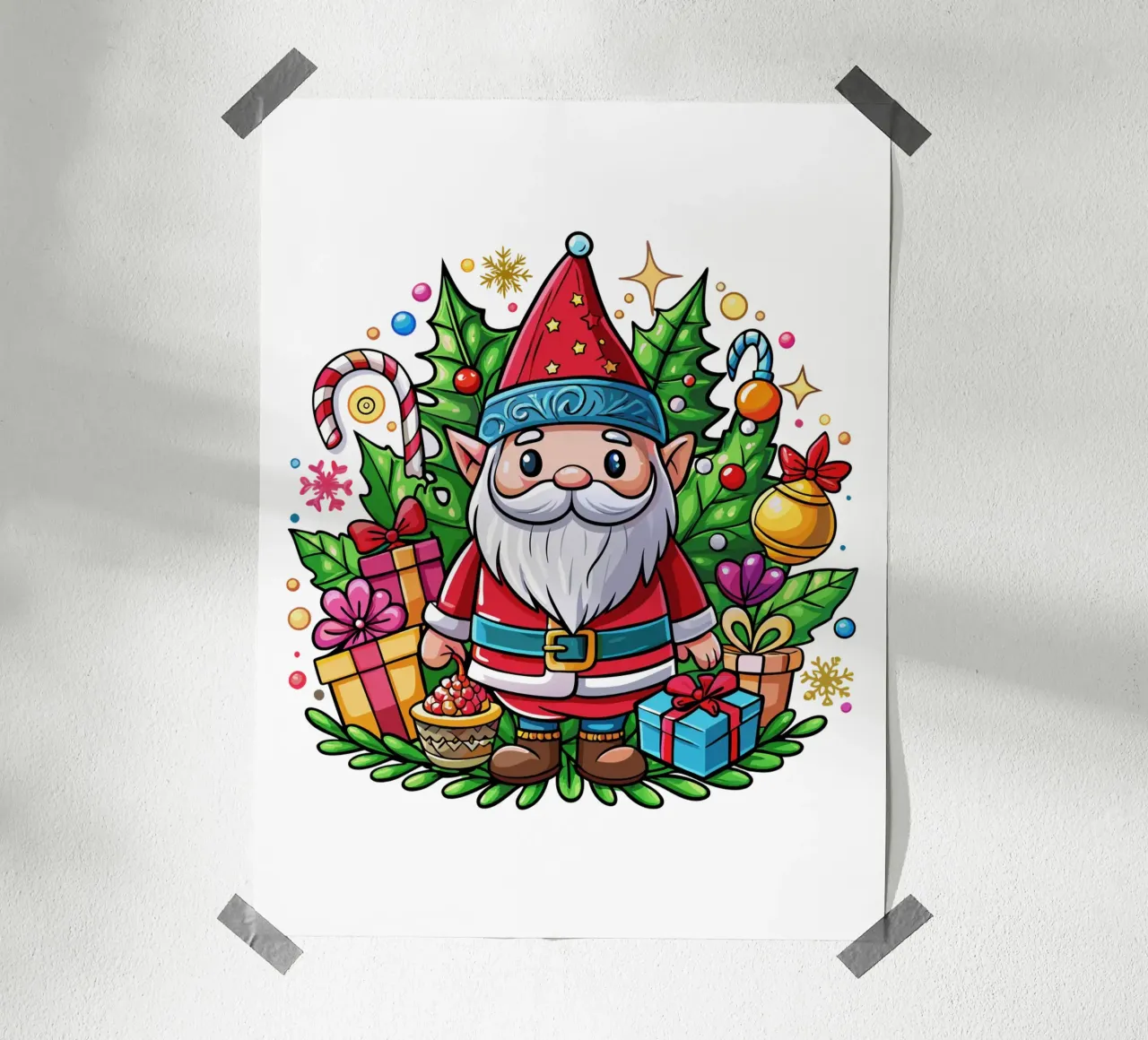 Feestelijke kerstkabouter met cadeautjes en kerstversiering poster met houten frame van Artnesia
