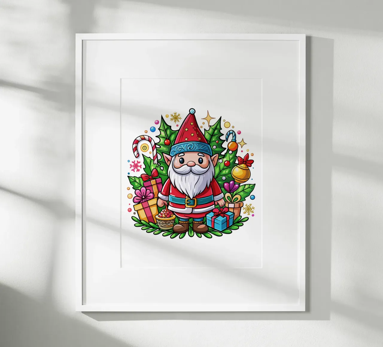 Feestelijke kerstkabouter met cadeautjes en kerstversiering poster met houten frame van Artnesia