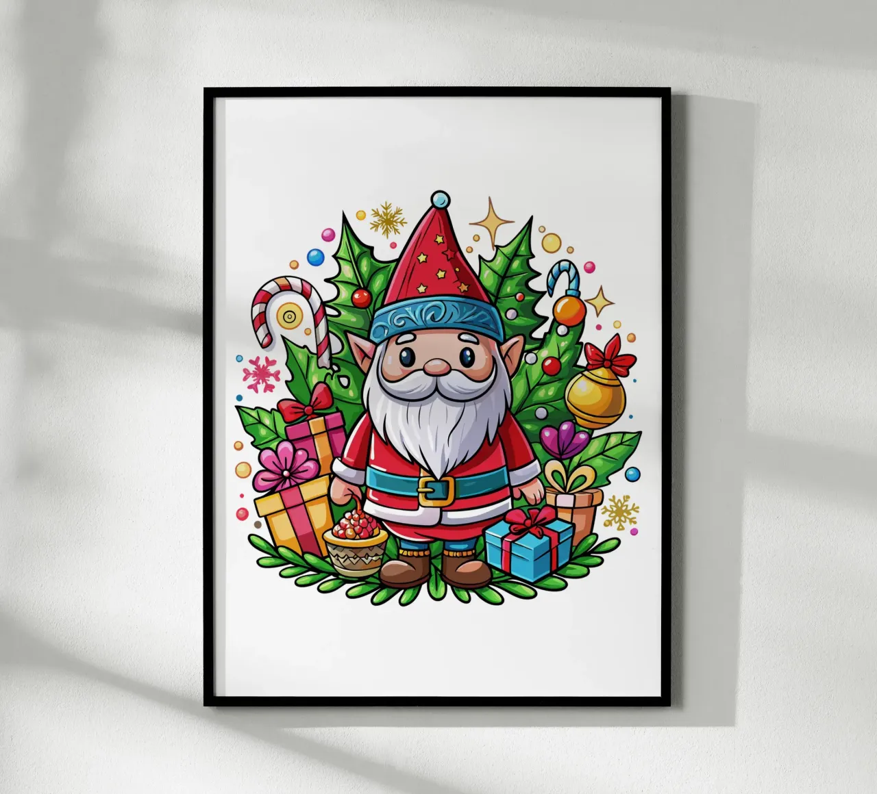 Feestelijke kerstkabouter met cadeautjes en kerstversiering poster met houten frame van Artnesia