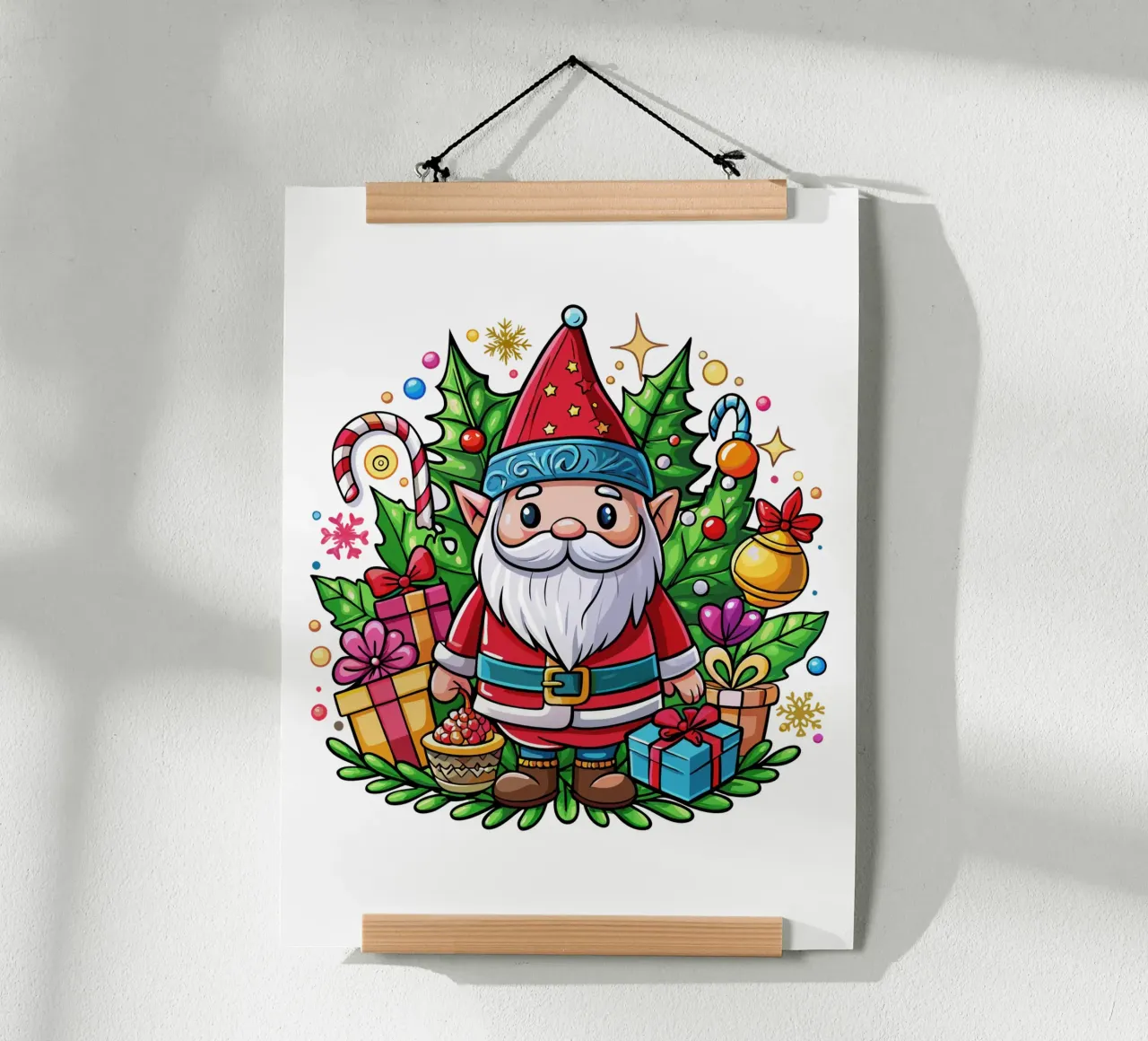 Feestelijke kerstkabouter met cadeautjes en kerstversiering poster met houten frame van Artnesia