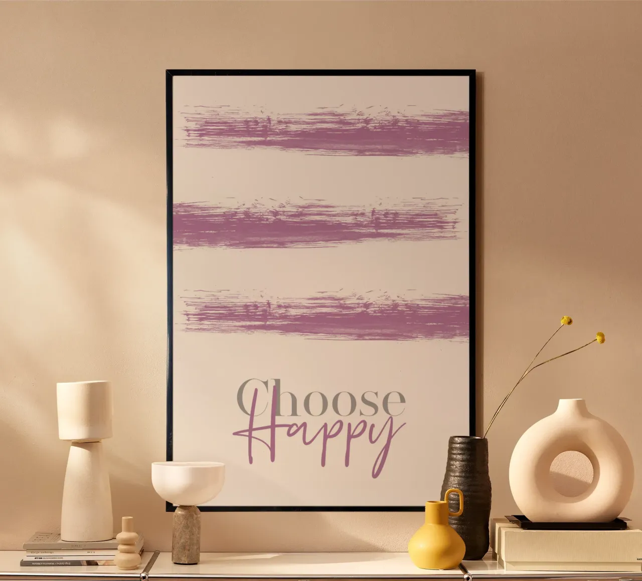 Text Art CHOOSE HAPPY pink Poster mit Kunststoffrahmen von Melanie Viola