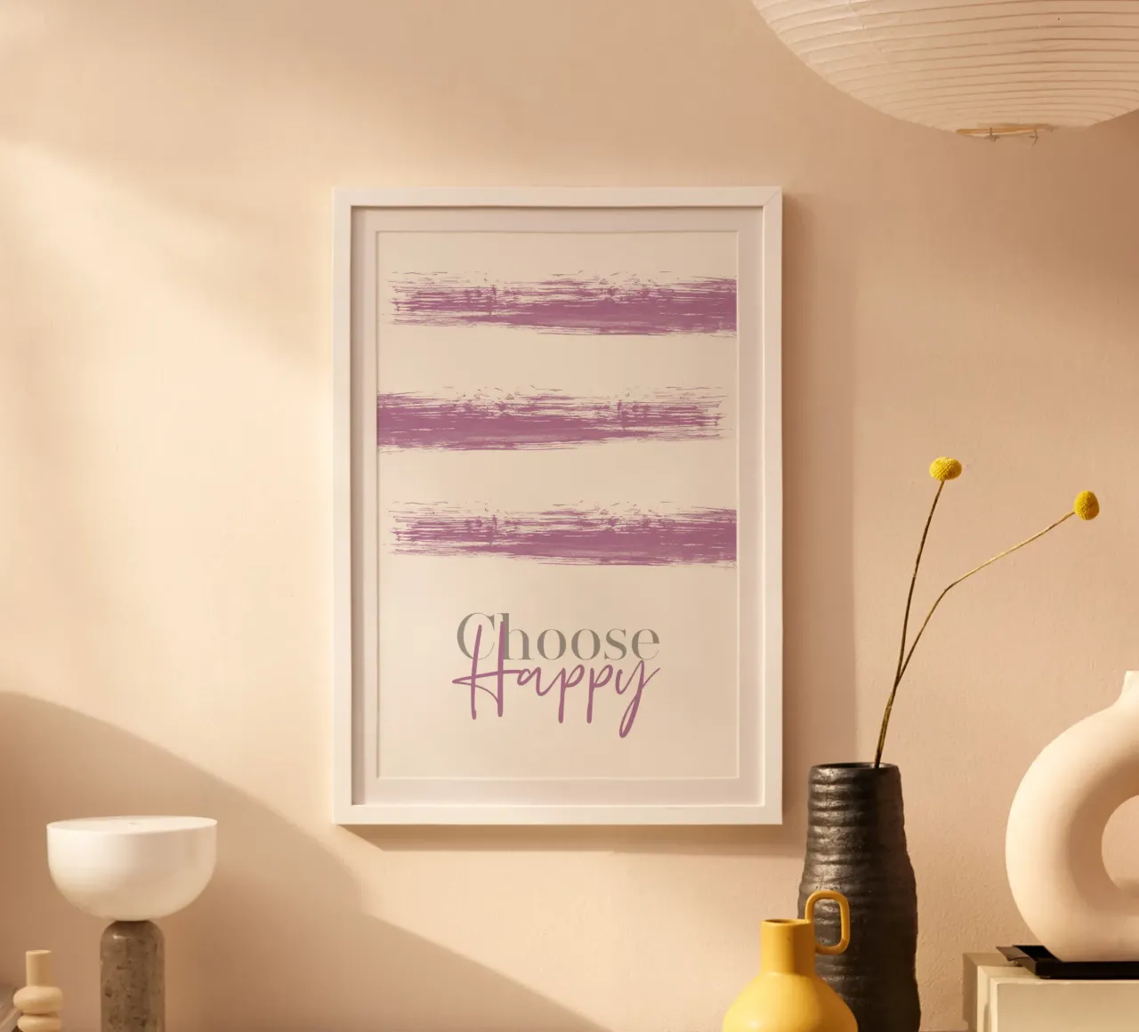 Text Art CHOOSE HAPPY pink Poster mit Kunststoffrahmen von Melanie Viola