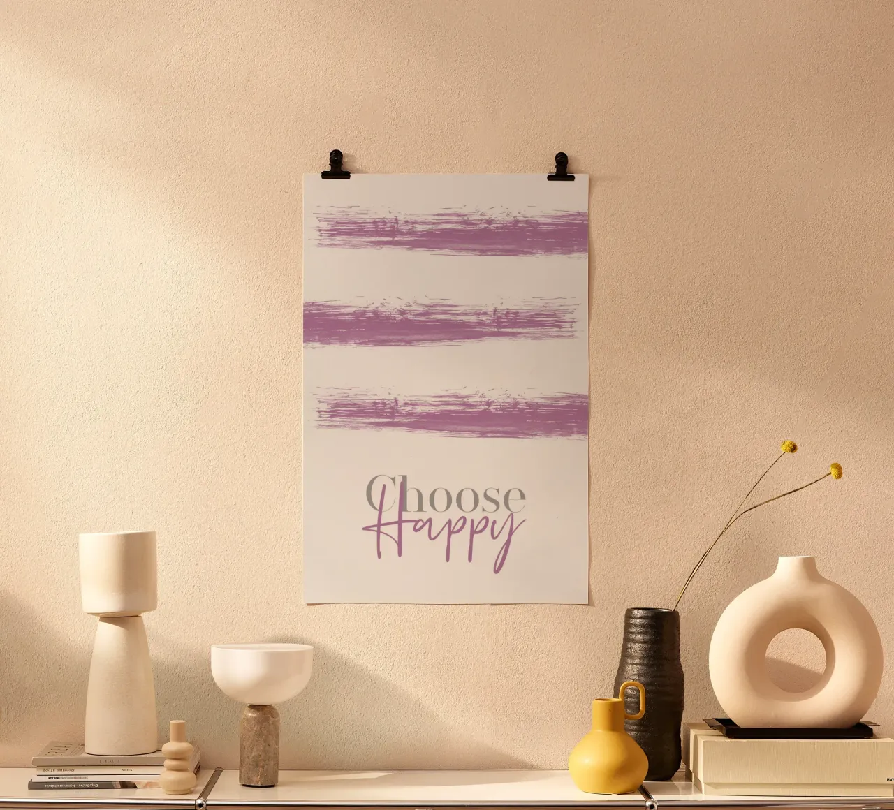 Text Art CHOOSE HAPPY pink Poster mit Kunststoffrahmen von Melanie Viola
