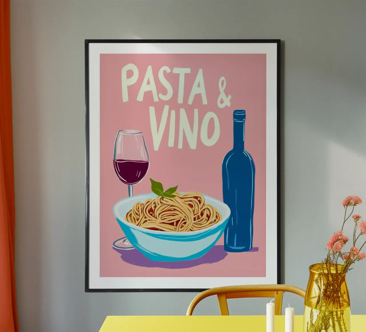 Amore per la pasta e il vino poster con telaio in legno da Carinaprint