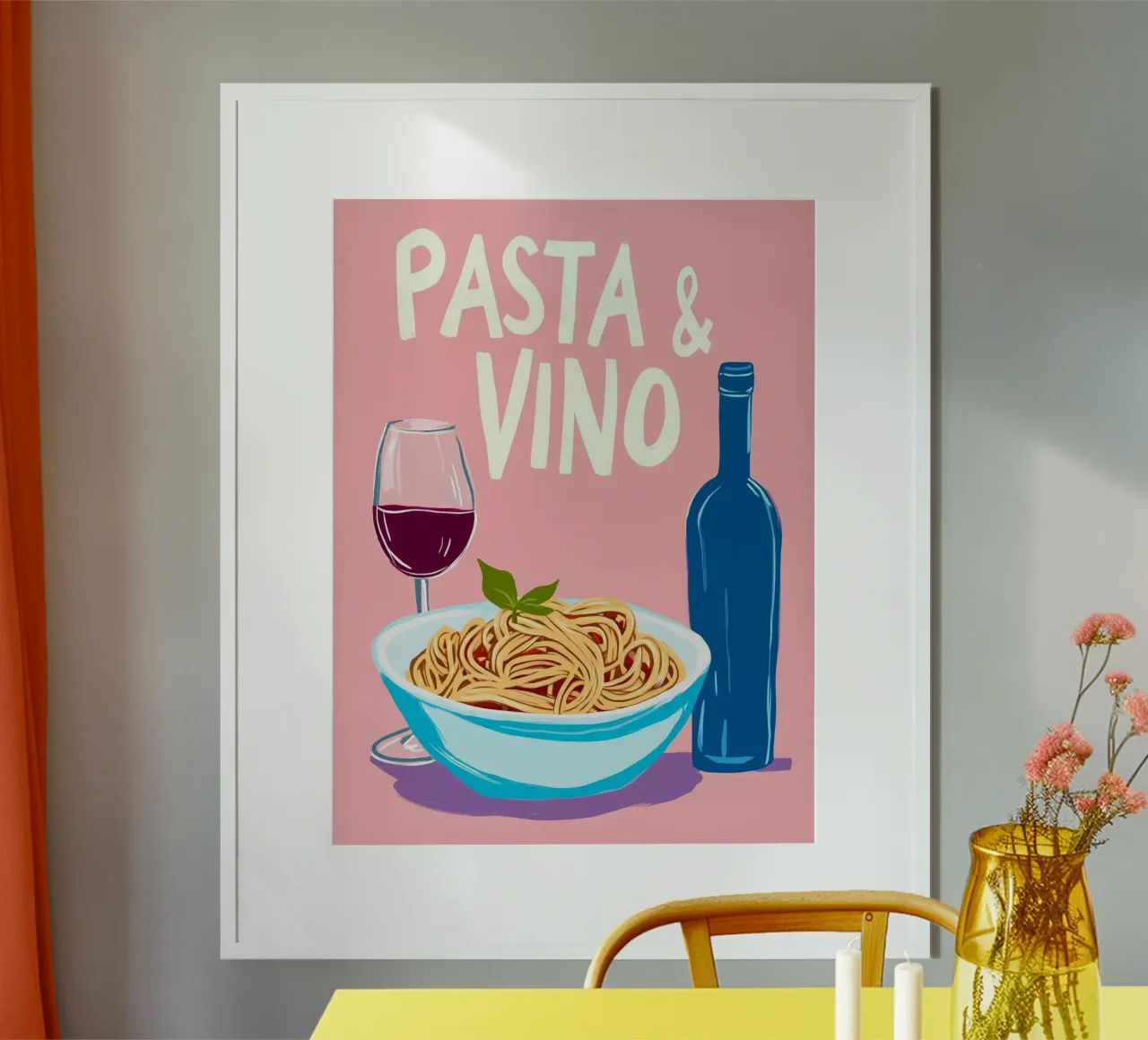 Amore per la pasta e il vino poster con telaio in legno da Carinaprint
