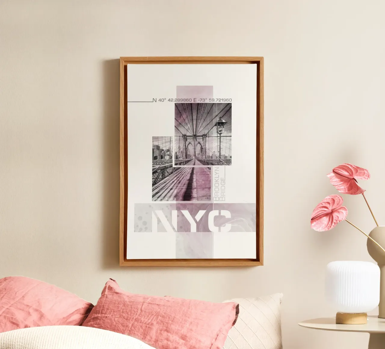 NYC Brooklyn Bridge | Marmor roze canvas met Baklijst van Melanie Viola
