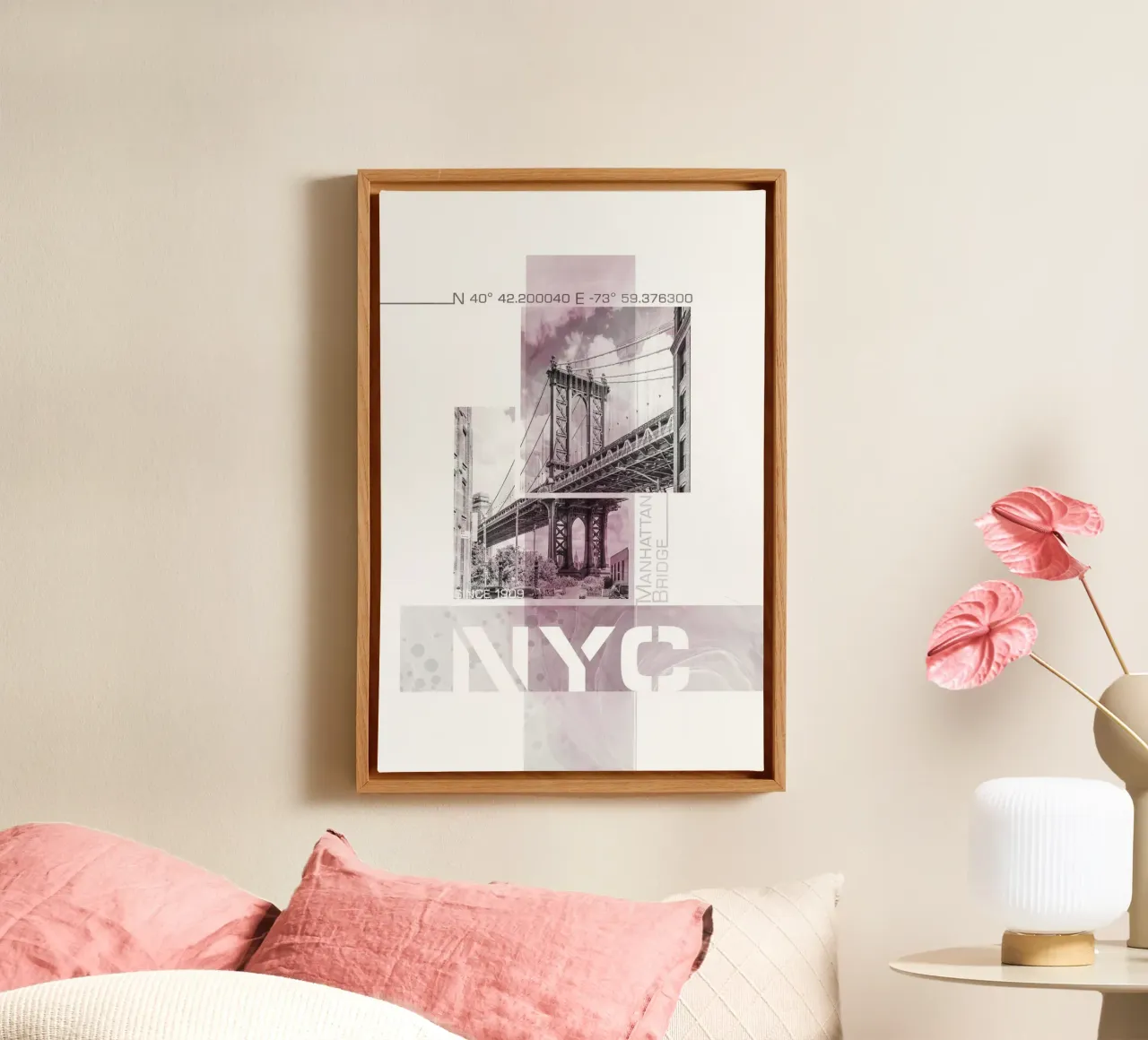 NYC Manhattan Bridge | Marmor roze canvas met Baklijst van Melanie Viola
