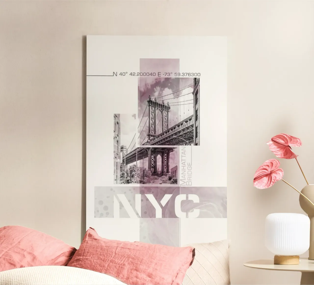 NYC Manhattan Bridge | Marmor roze canvas met Baklijst van Melanie Viola
