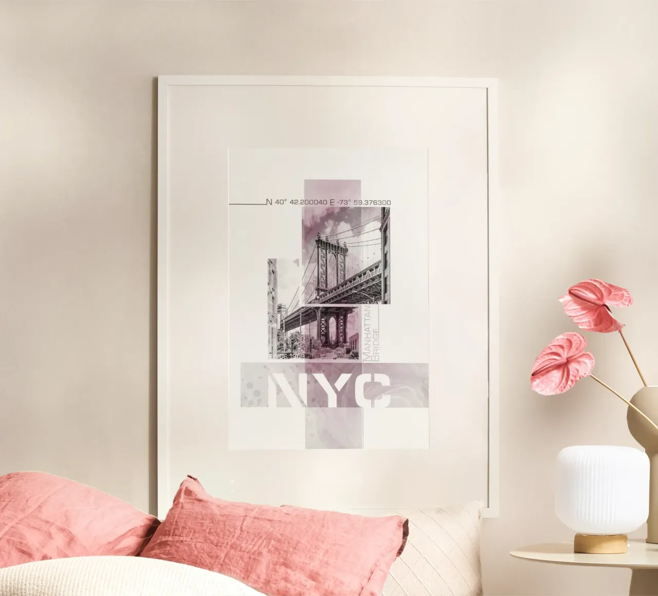 NYC Ponte di Manhattan | Marmor rosa poster con telaio in alluminio da Melanie Viola