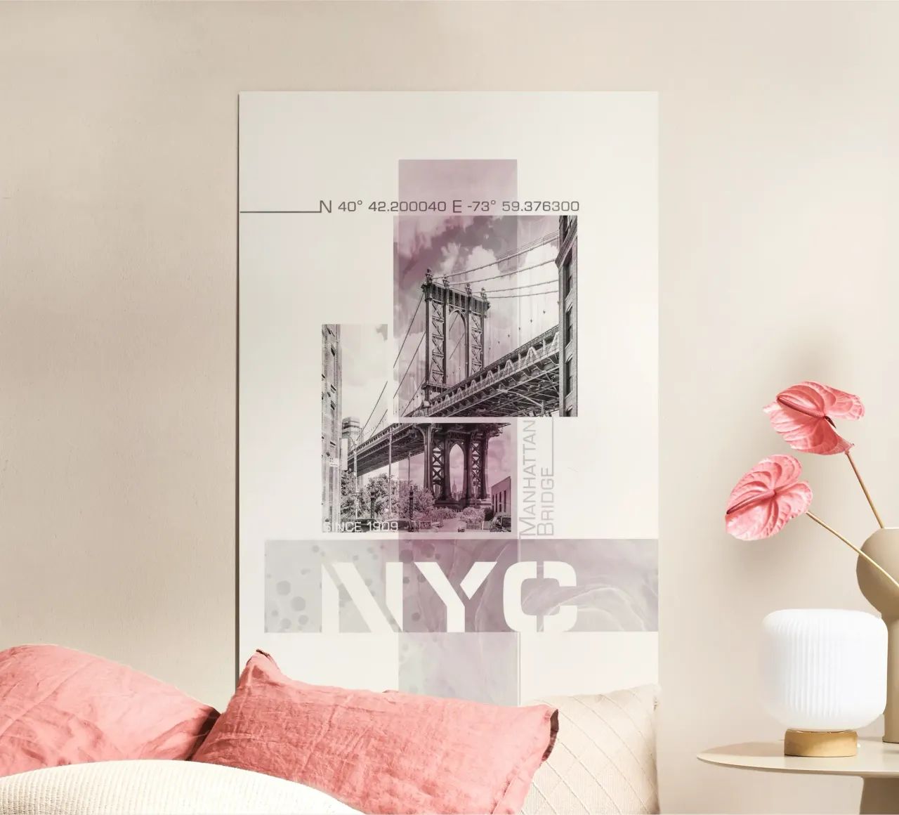 NYC Ponte di Manhattan | Marmor rosa poster con telaio in alluminio da Melanie Viola