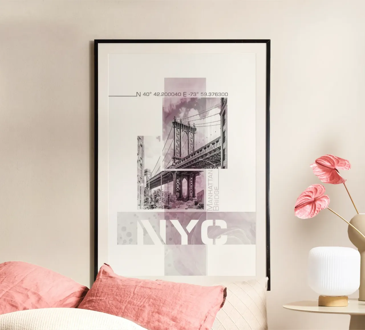 NYC Ponte di Manhattan | Marmor rosa poster con telaio in alluminio da Melanie Viola
